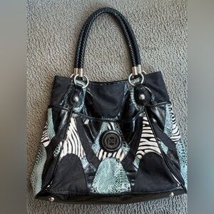 bebe SHOULDER BAG/TOTE. Black w/Blk/White Zebra & Silver/Blue Reptile Prints.